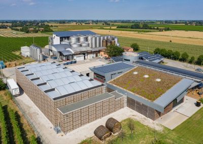 Veduta aerea della moderna cantina vitivinicola con tetto verde e impianti tecnologici realizzata da Zini Elio S.r.l.