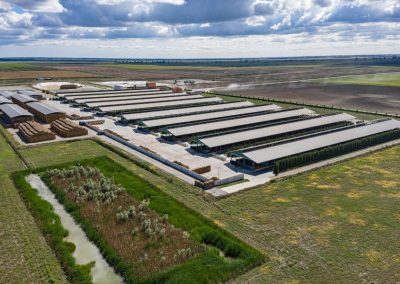 Veduta aerea di due grandi capannoni agroindustriali gemelli con coperture rosse realizzati da Zini Elio S.r.l.